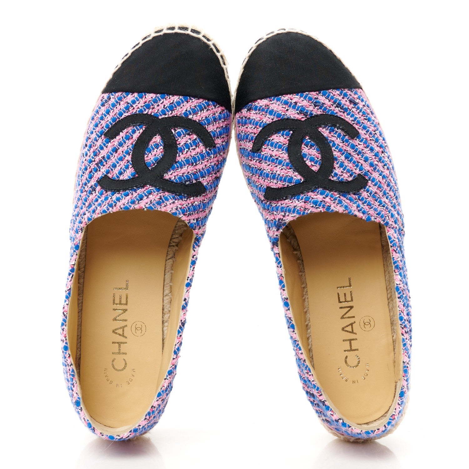 Tweed Grosgrain CC Espadrilles 38 Blue Pink Black White