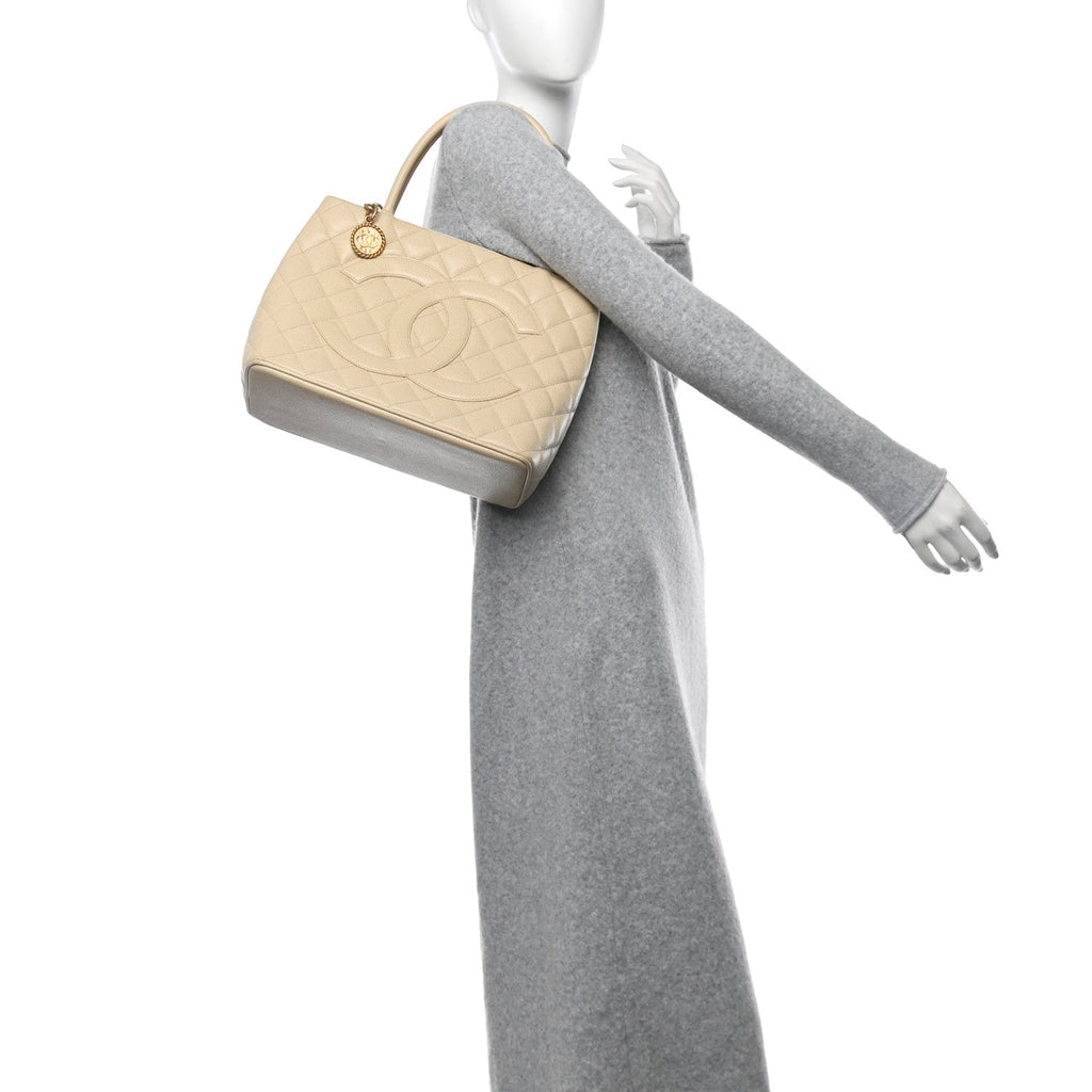 Caviar Quilted Medallion Tote Light Beige
