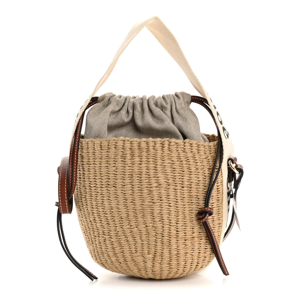 X MIFUKO Raffia Calfskin Small Woody Basket Shoulder Bag Beige Brown