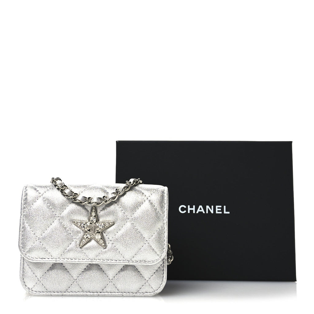 Metallic Goatskin Quilted Crystal CC Walk Of Fame Clutch With Chain Silver