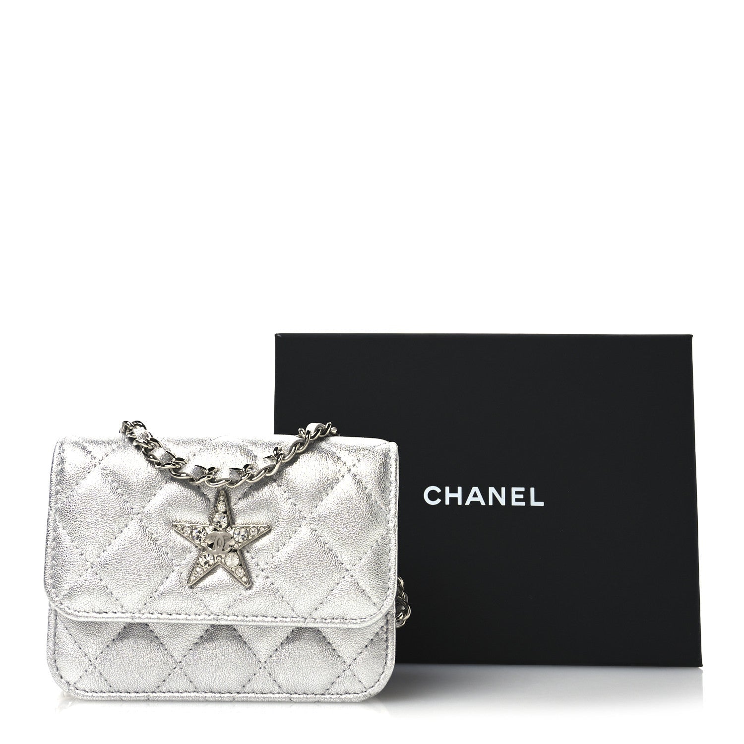 Metallic Goatskin Quilted Crystal CC Walk Of Fame Clutch With Chain Silver