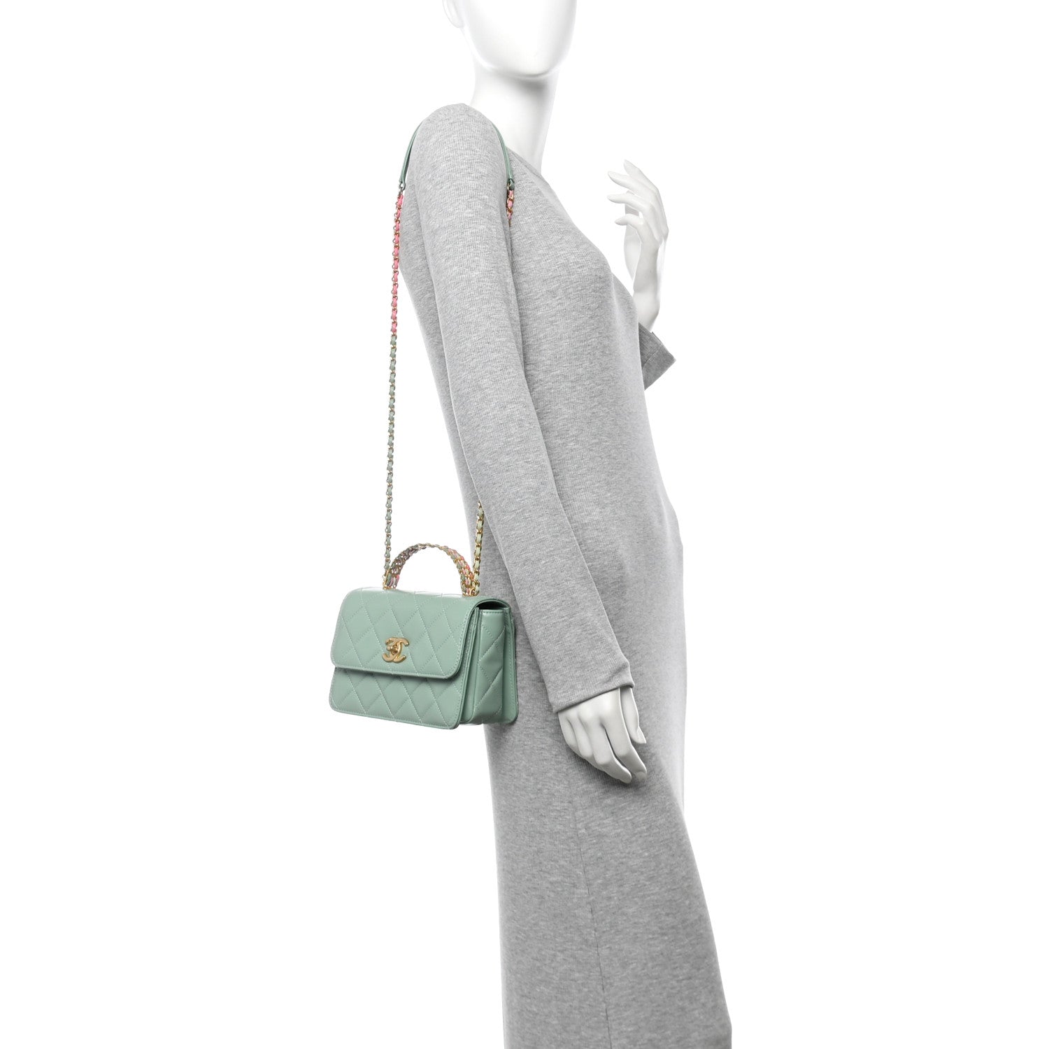 Shiny Calfskin Quilted Mini Metal Top Handle Flap Light Green