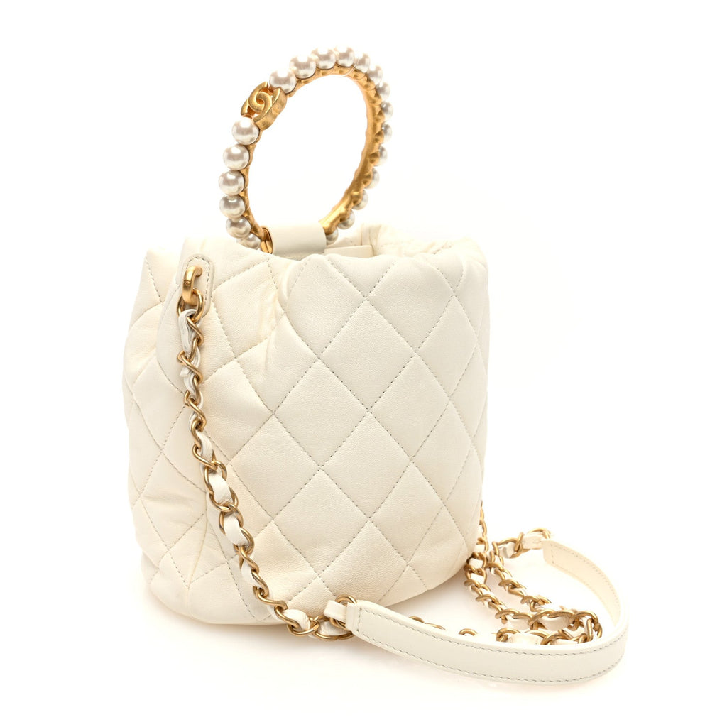 Lambskin Quilted Pearl Crown Drawstring Bag White