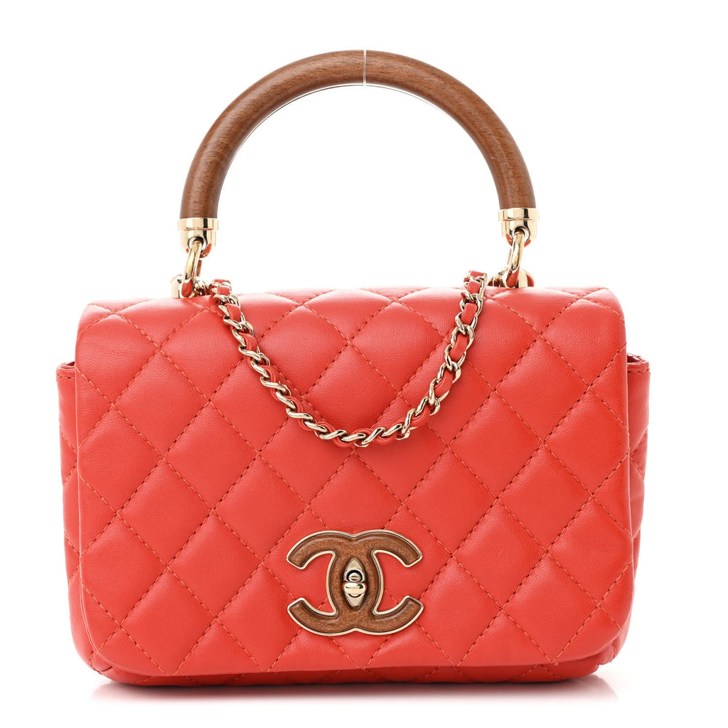 Lambskin Quilted Wood Mini Coco Handle Flap Red