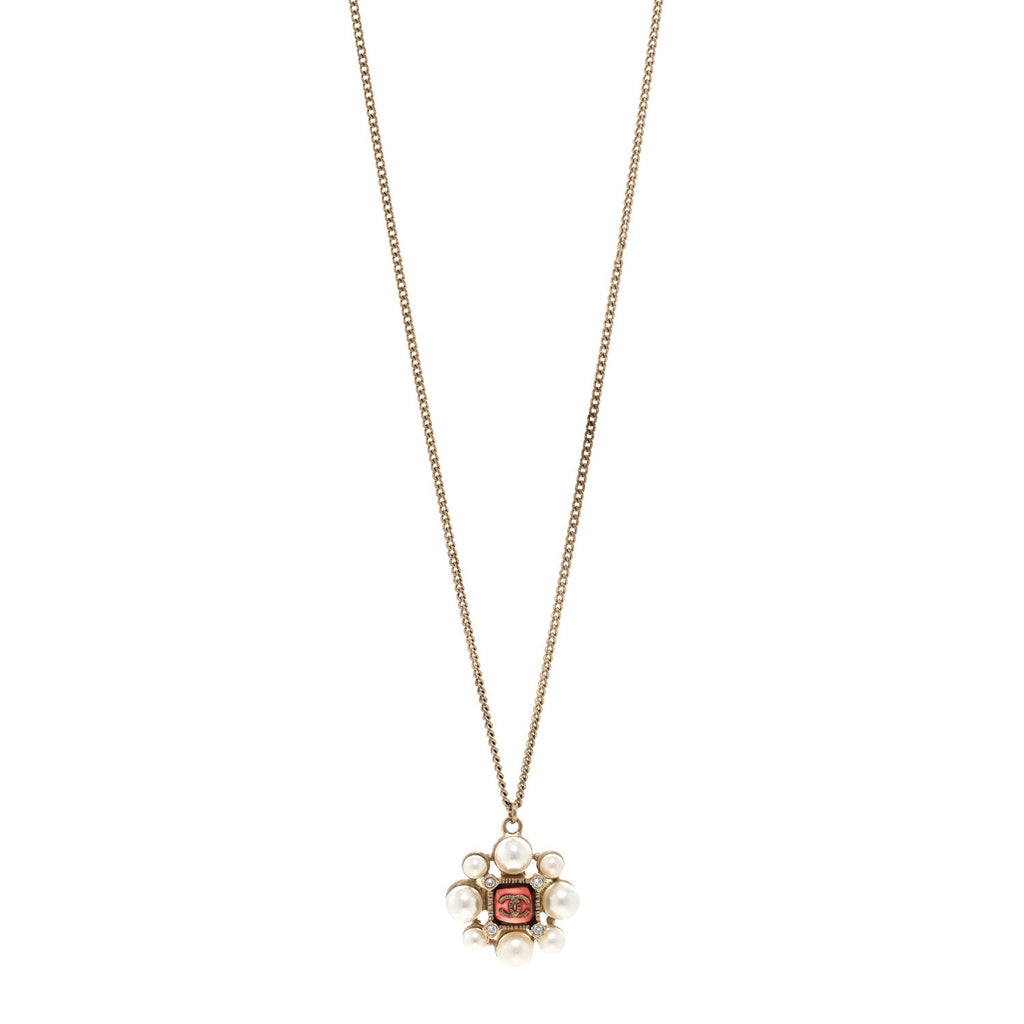 Gripoix Pearl Crystal CC Pendant Necklace Red Gold