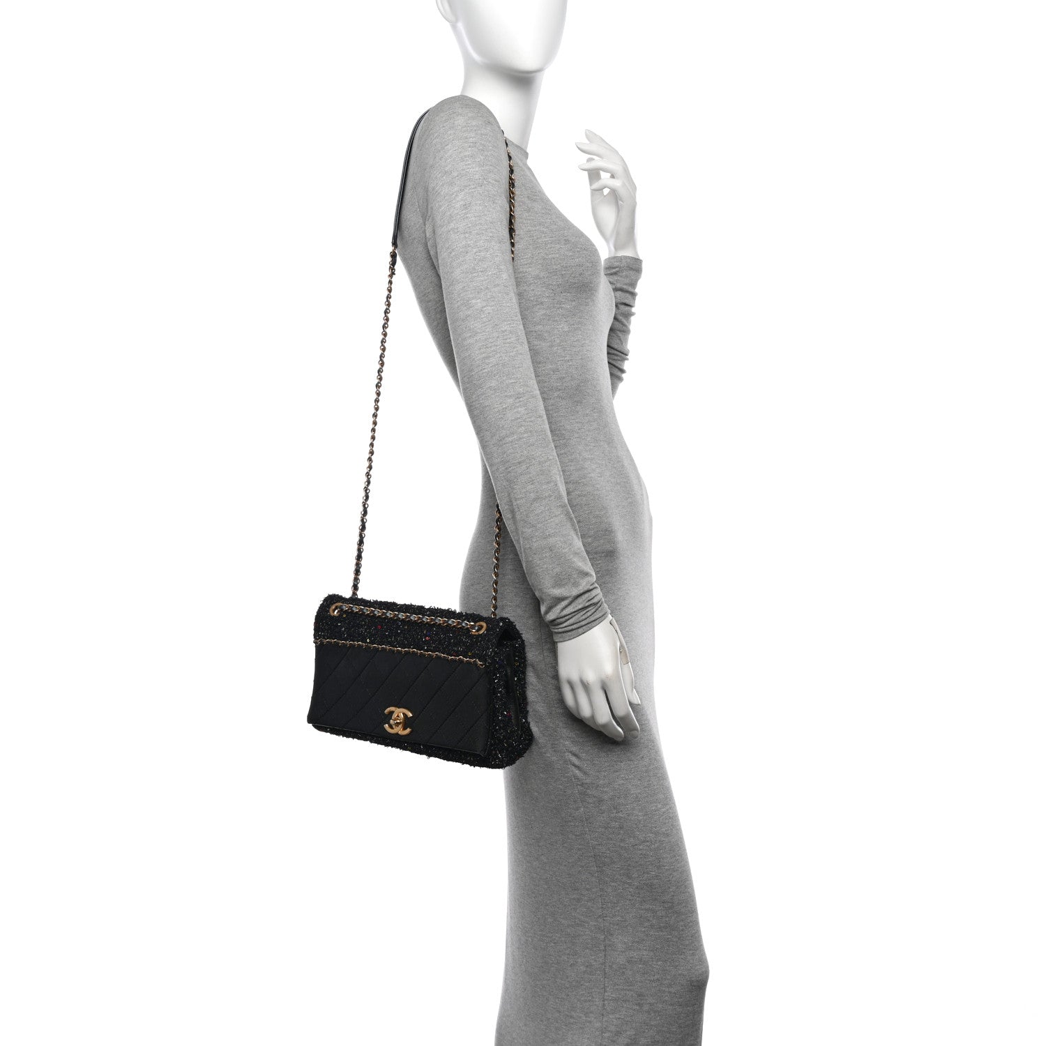 Lambskin Quilted Tweed Sequin Medium Chain Flap Bag Black Multicolor