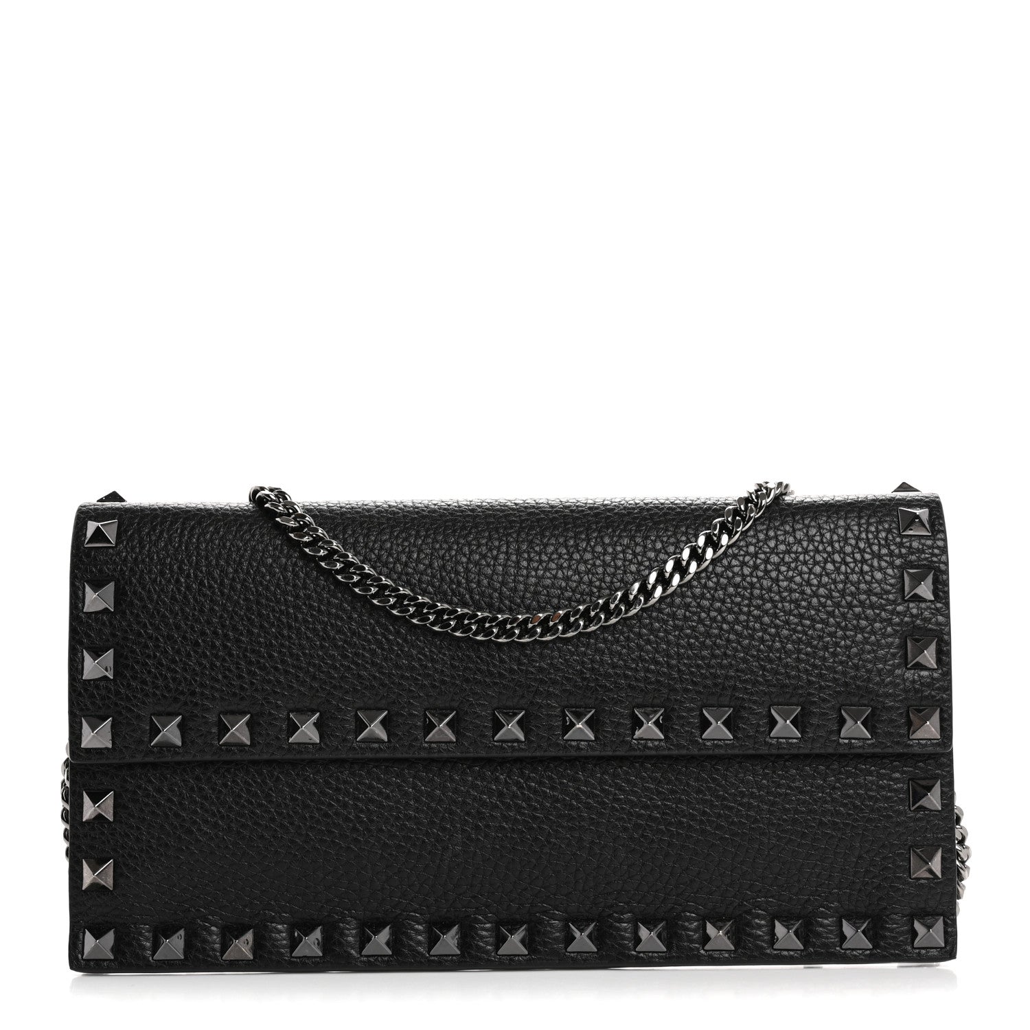 Grained Calfskin Rockstud Flap Wallet On Chain Black