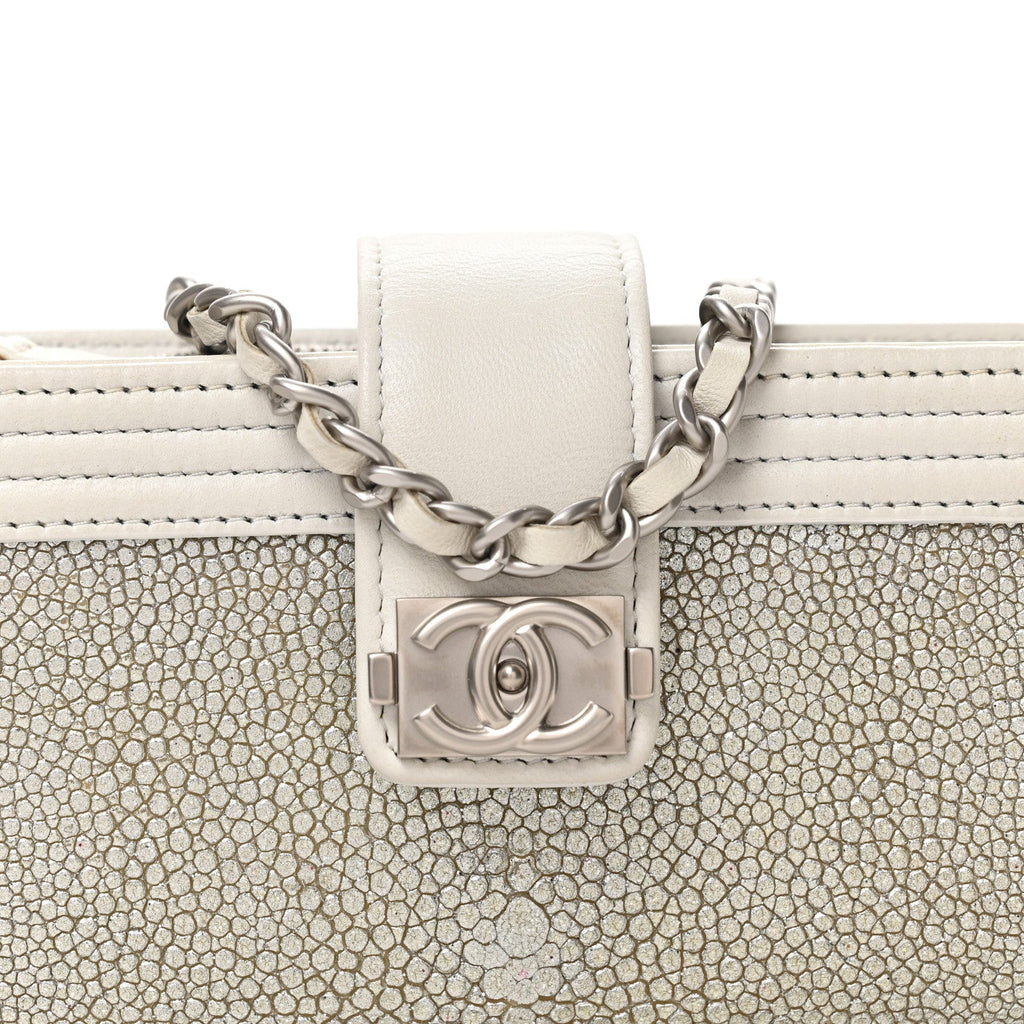 Metallic Galuchat Stingray Lambskin Mini Clutch With Removable Chain Silver