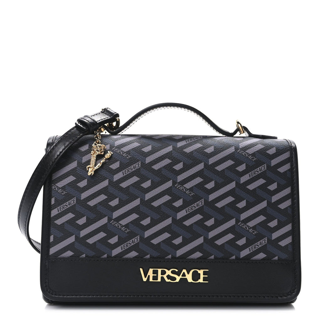 Coated Canvas La Greca Signature Top Handle Bag Black
