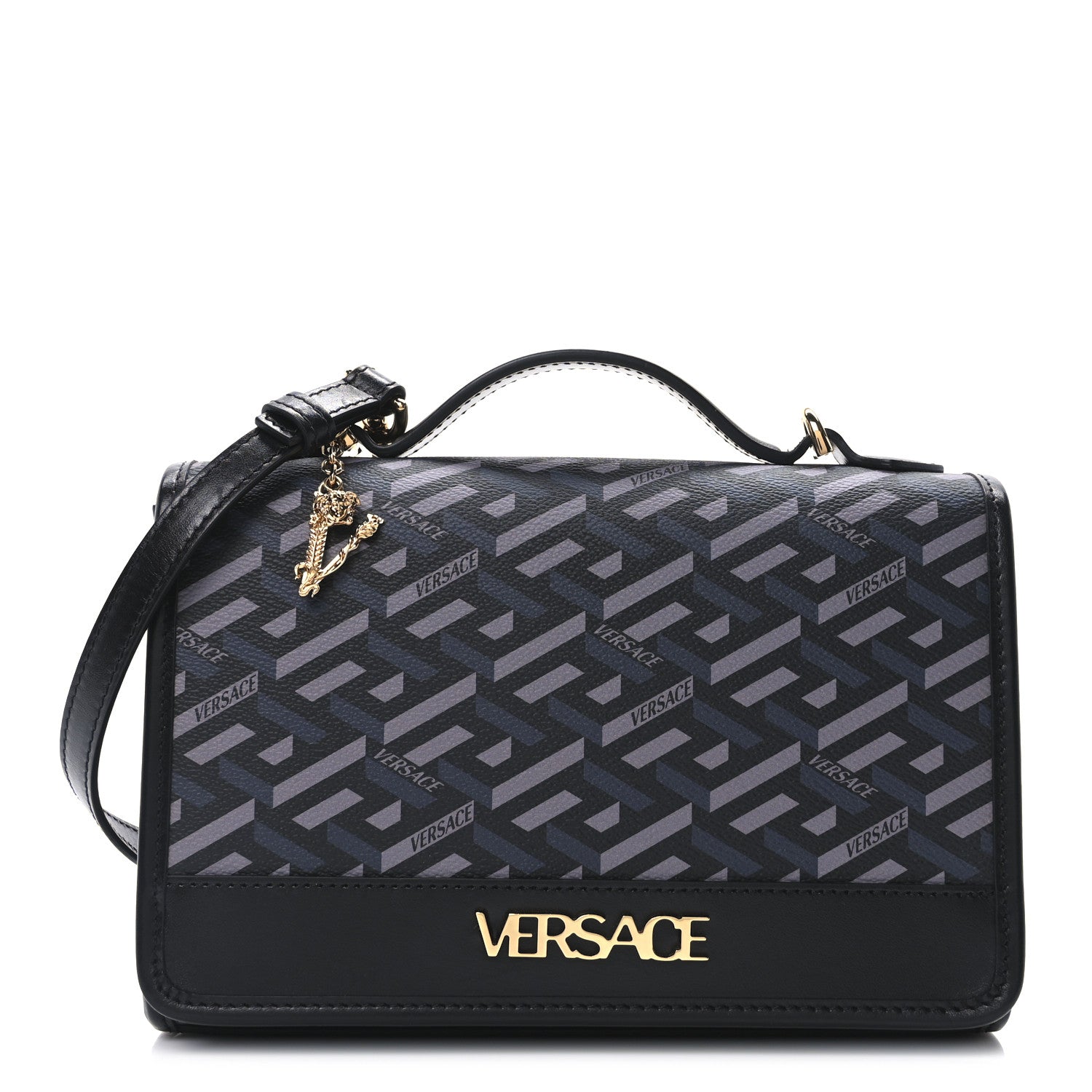 Coated Canvas La Greca Signature Top Handle Bag Black