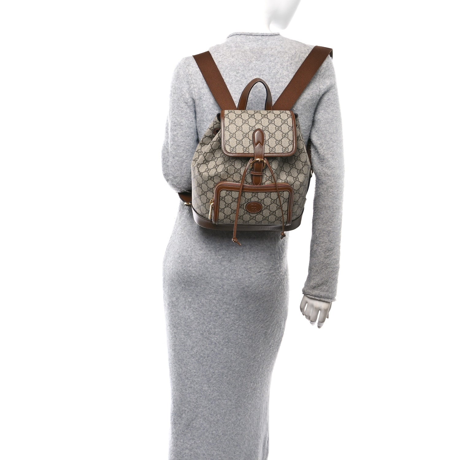 GG Supreme Monogram Azalea Calfskin Retro Interlocking G Buckle Backpack Beige Ebony Brown Sugar