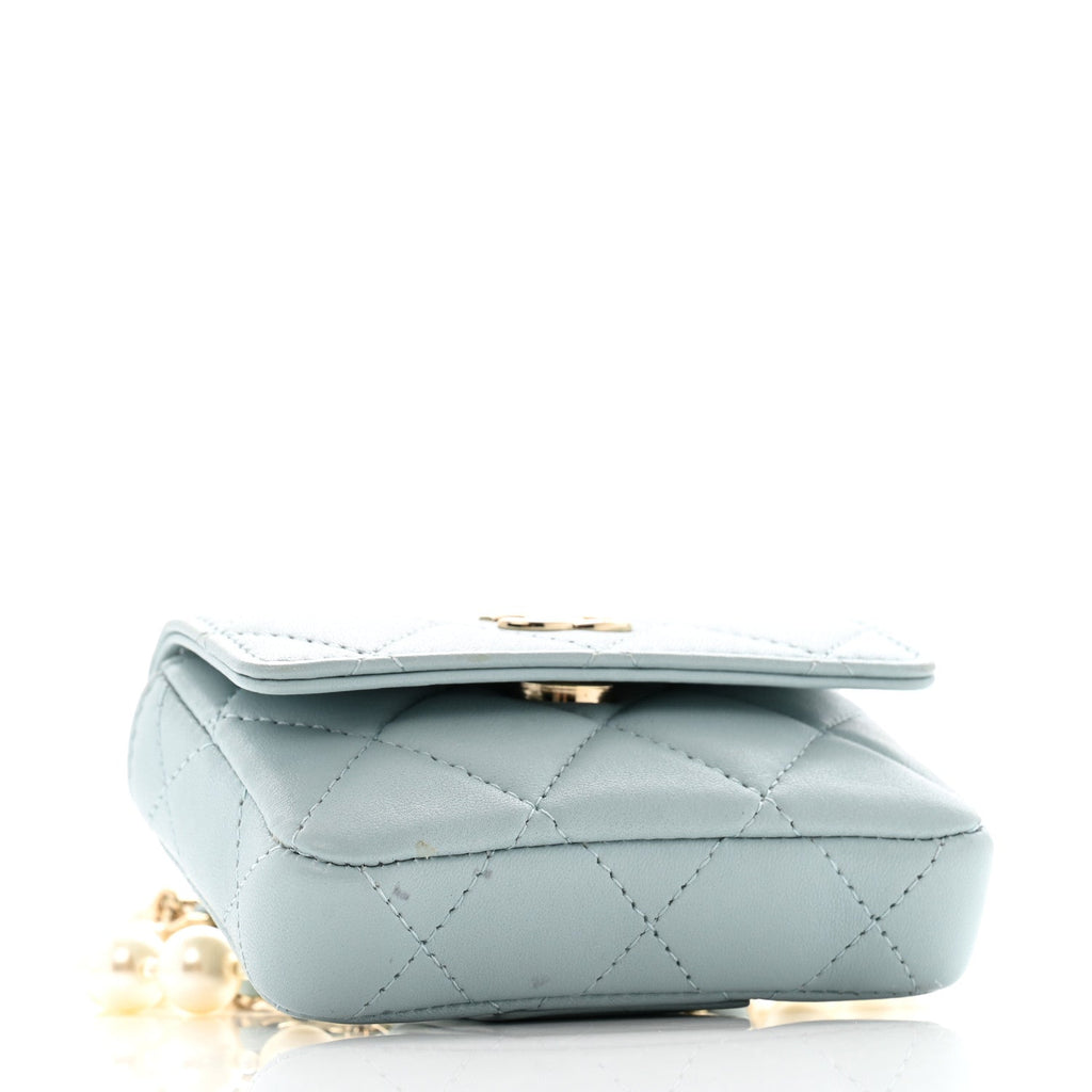 Lambskin Quilted Pearl Chain Belt Bag Light Blue