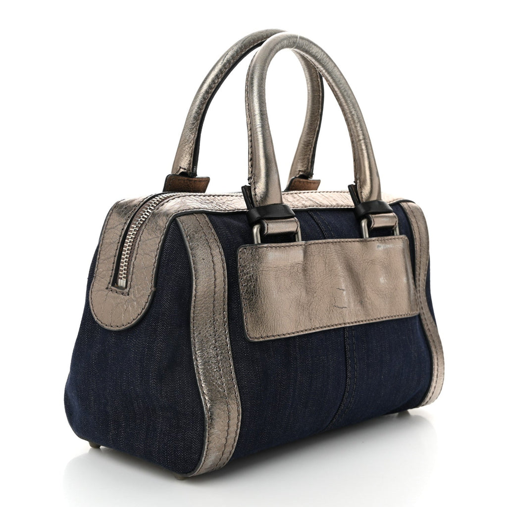 Metallic Calfskin Top Handle Bag Blue Silver