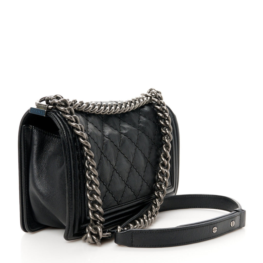 Lambskin Stitch Quilted Medium Boy Flap Black