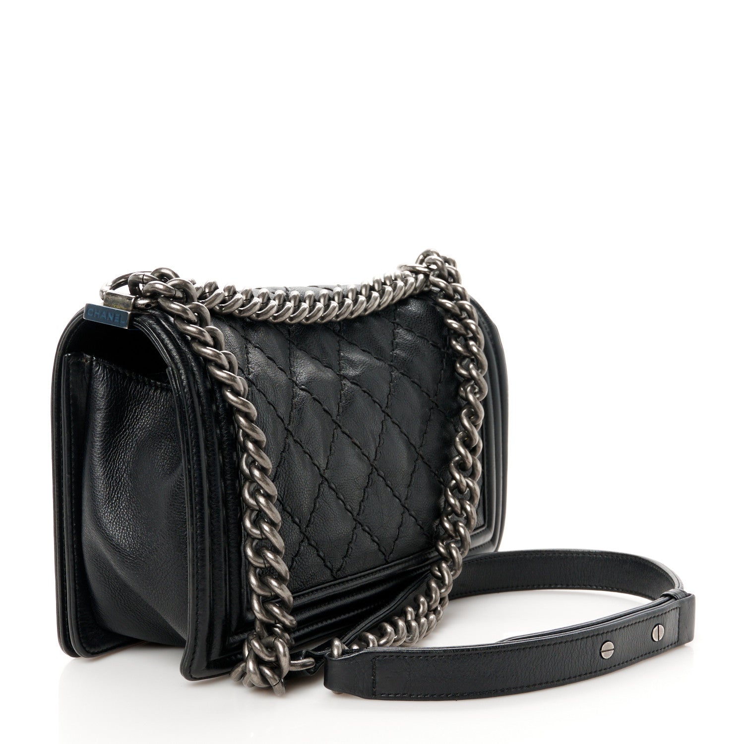 Lambskin Stitch Quilted Medium Boy Flap Black