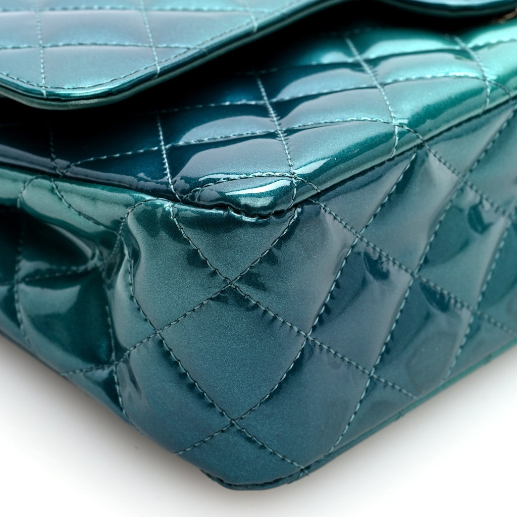 Shaded Patent Calfskin Quilted Medium Double Flap Green Blue