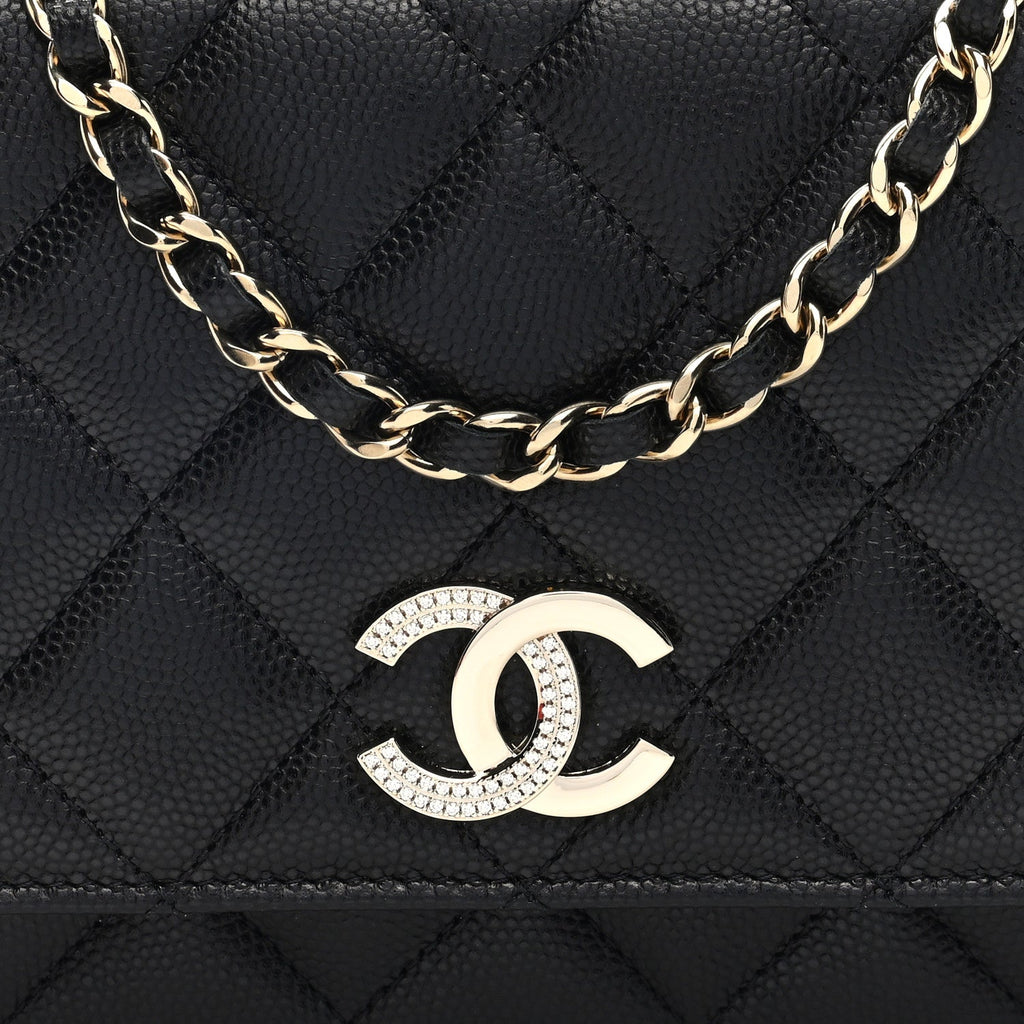 Caviar Quilted Crystal CC Wallet On Chain WOC Black