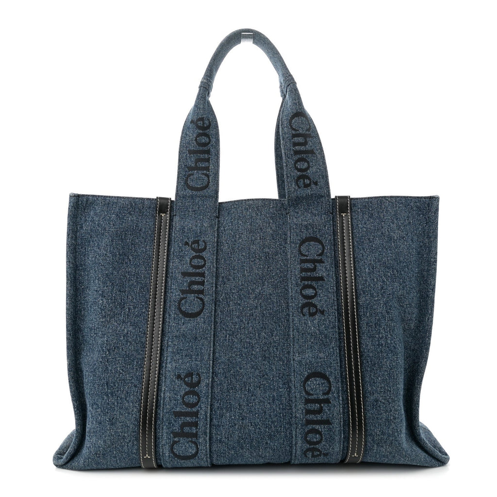 Denim Calfskin Large Woody Ribbon Tote Blue