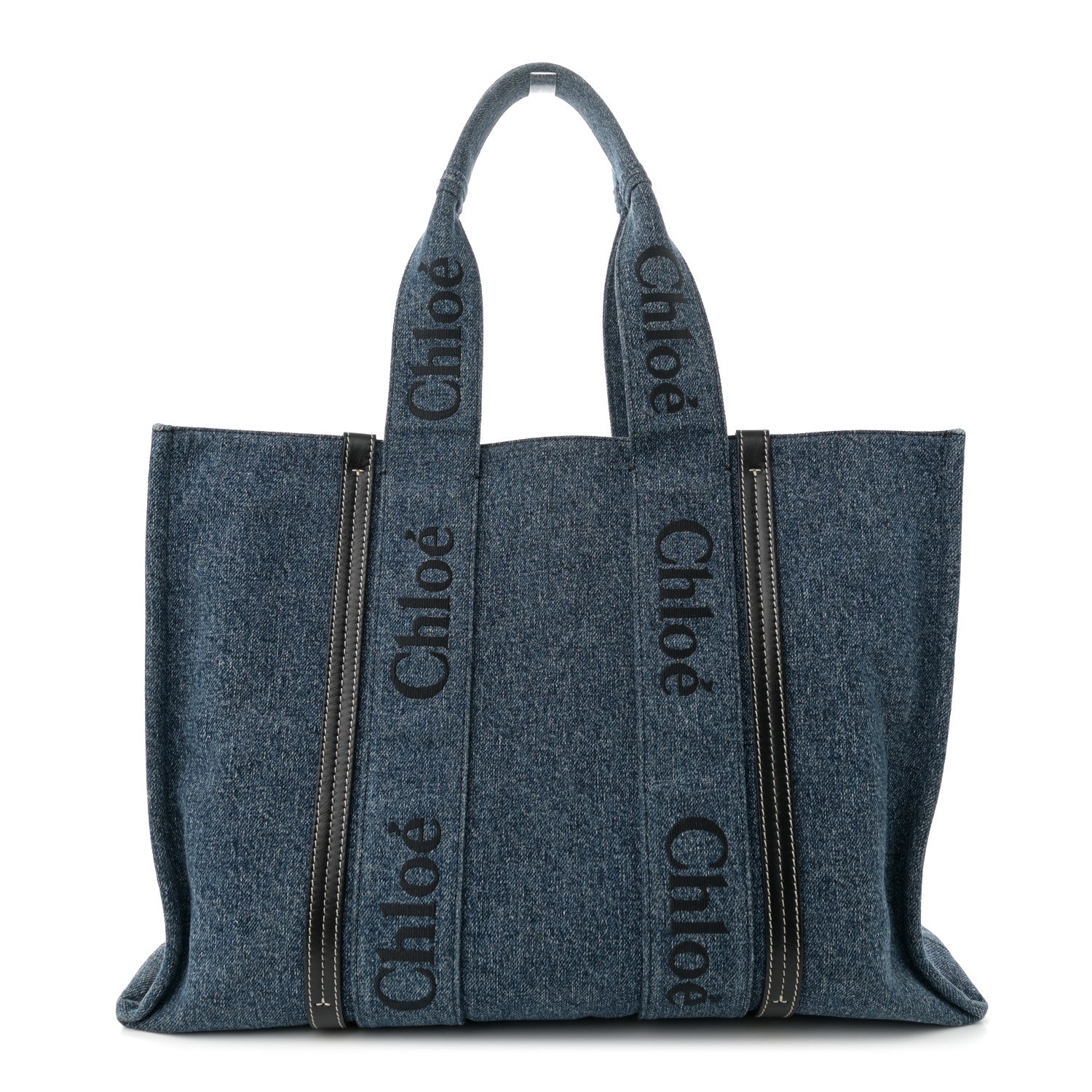 Denim Calfskin Large Woody Ribbon Tote Blue