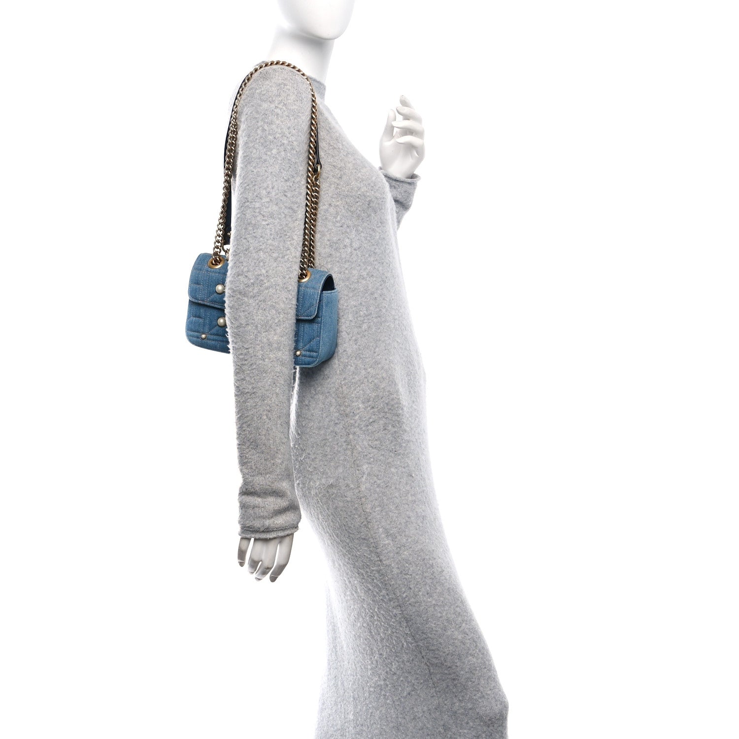 Denim Matelasse Pearl Studded Mini GG Marmont Shoulder Bag Blue