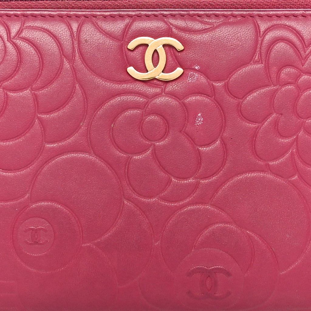 Lambskin Camellia Embossed Large Gusset Zip Around Wallet Fuchsia