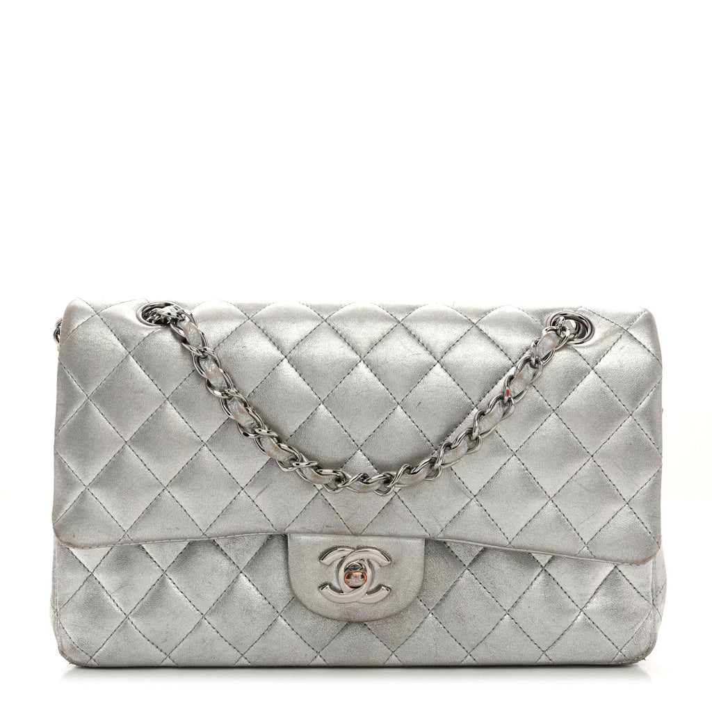 Metallic Lambskin Quilted Medium Double Flap Silver