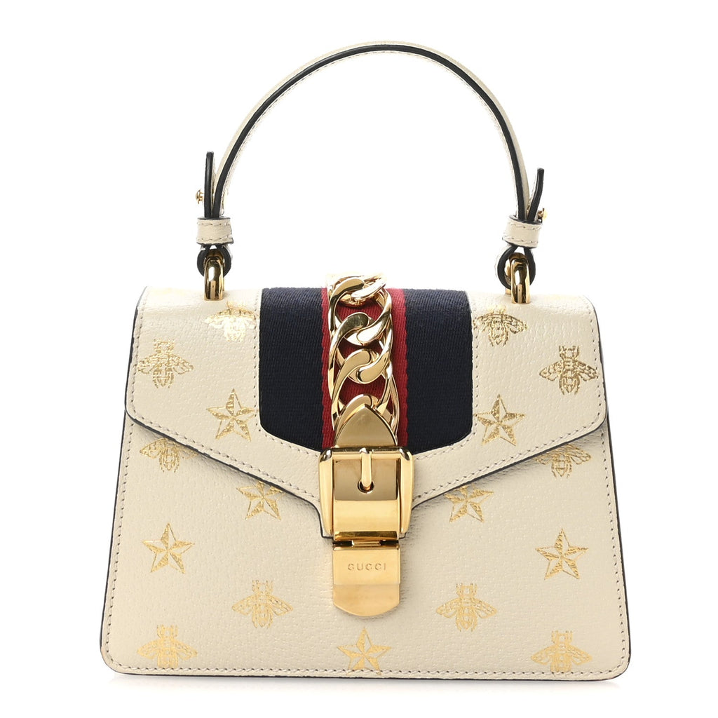 Textured Calfskin Bee Star Print Mini Sylvie Top Handle Bag Mystic White
