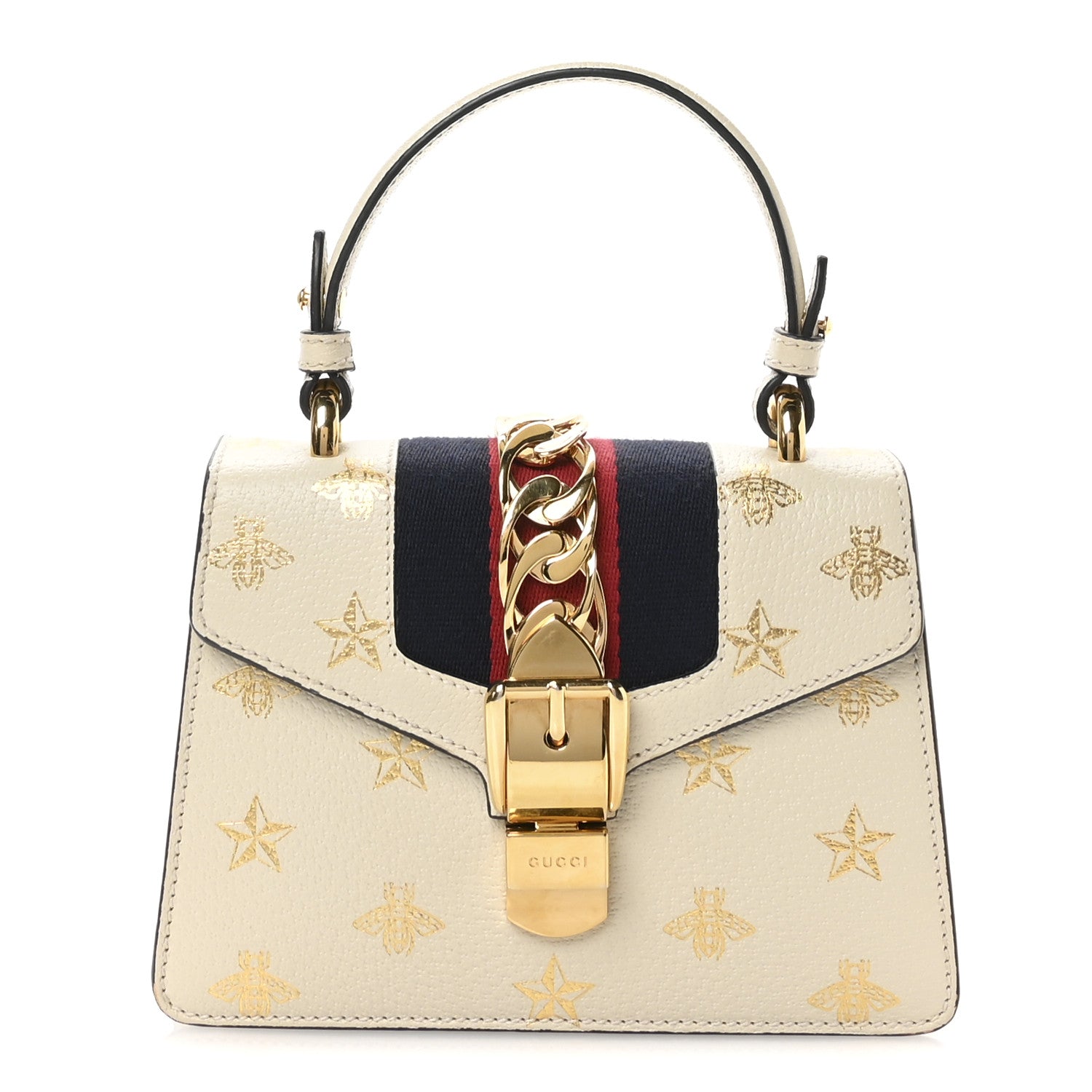 Textured Calfskin Bee Star Print Mini Sylvie Top Handle Bag Mystic White