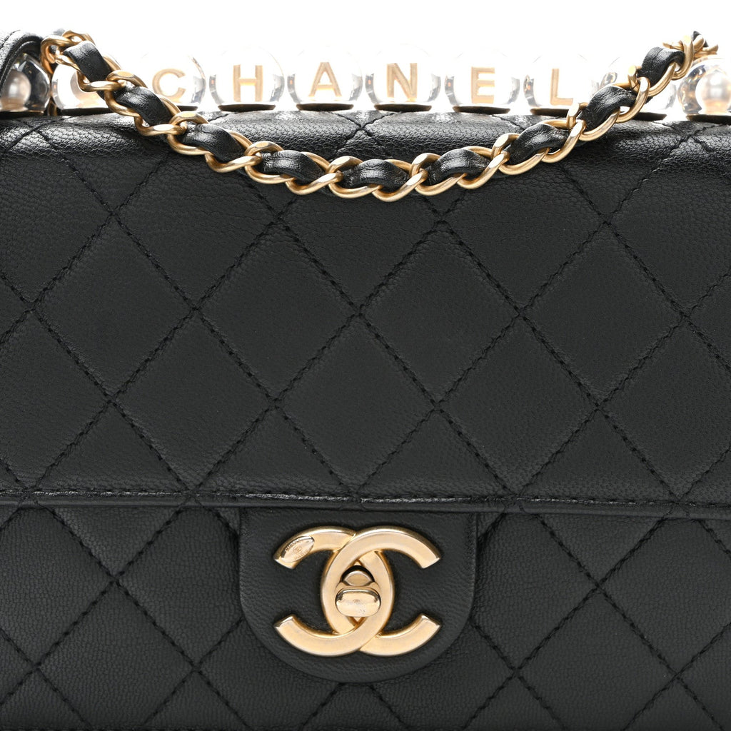 Lambskin Quilted Small Chic Pearls Flap Black