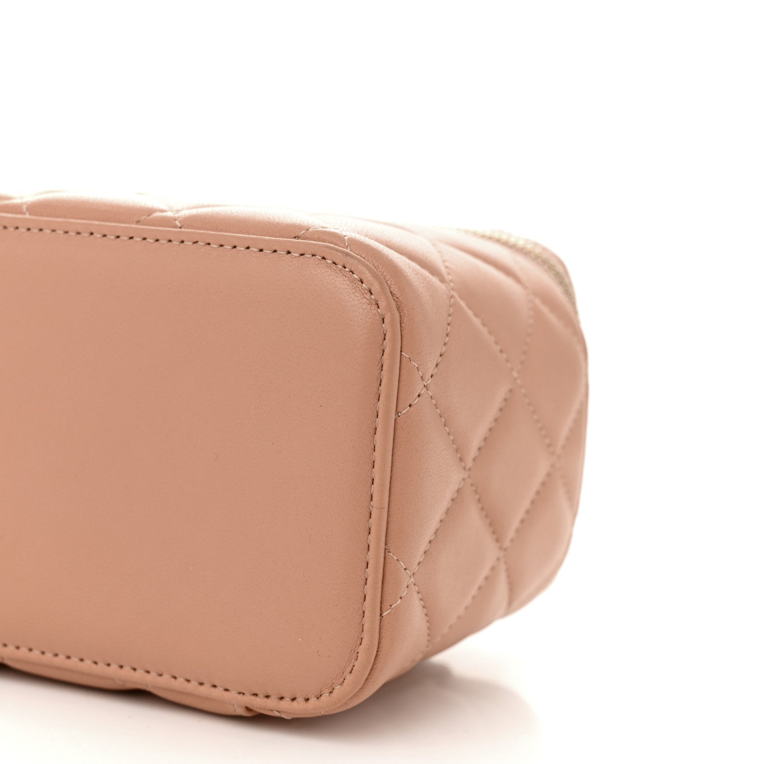 Lambskin Quilted Small Top Handle Vanity Case With Chain Beige