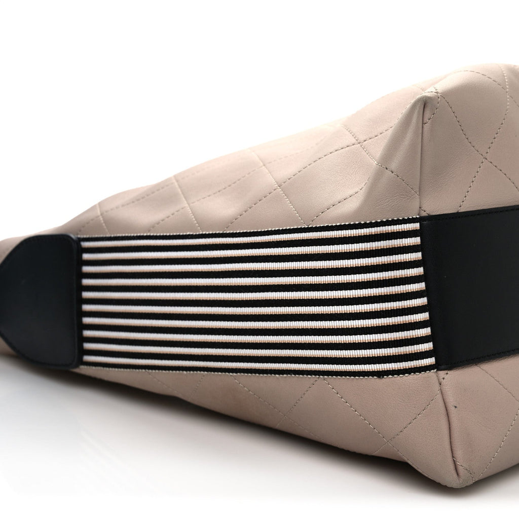Calfskin Stitched Large Stripe Hobo Beige Black