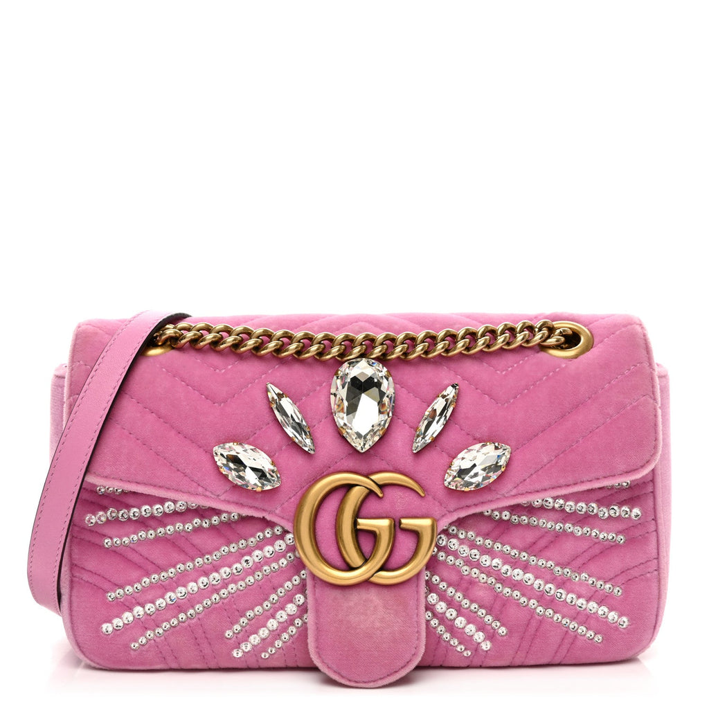 Velvet Matelasse Marquise Crystals Embroidered Small GG Marmont Shoulder Bag Malva
