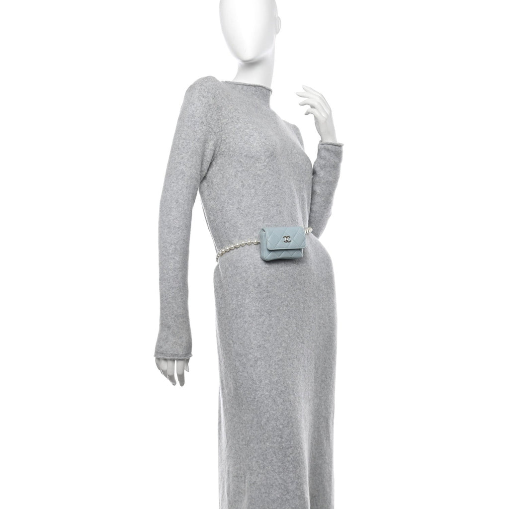 Lambskin Quilted Pearl Chain Belt Bag Light Blue