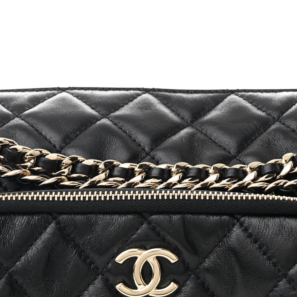 Shiny Crumpled Lambskin Quilted Medium Preppy Pocket Camera Case Black