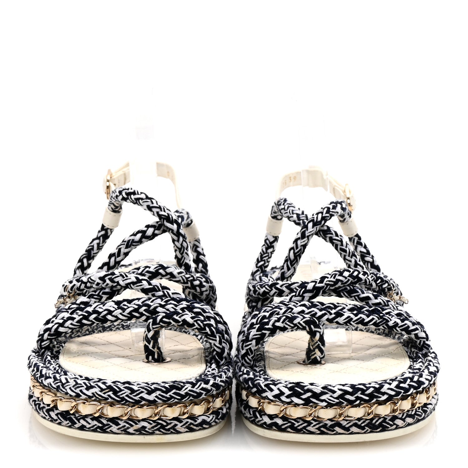 Cord Lambskin Quilted Logo Sandals 39 Navy Blue White