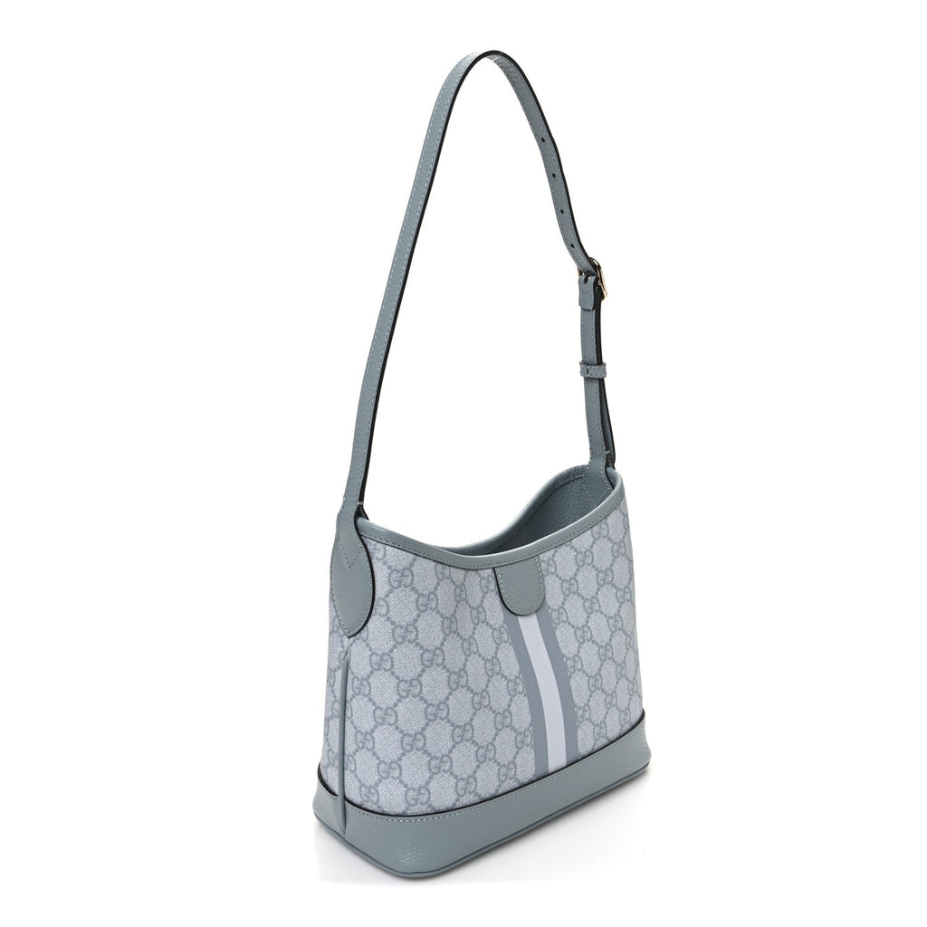 GG Supreme Monogram Textured Dollar Calfskin Web Small Ophidia Bucket Shoulder Bag Dusty Blue
