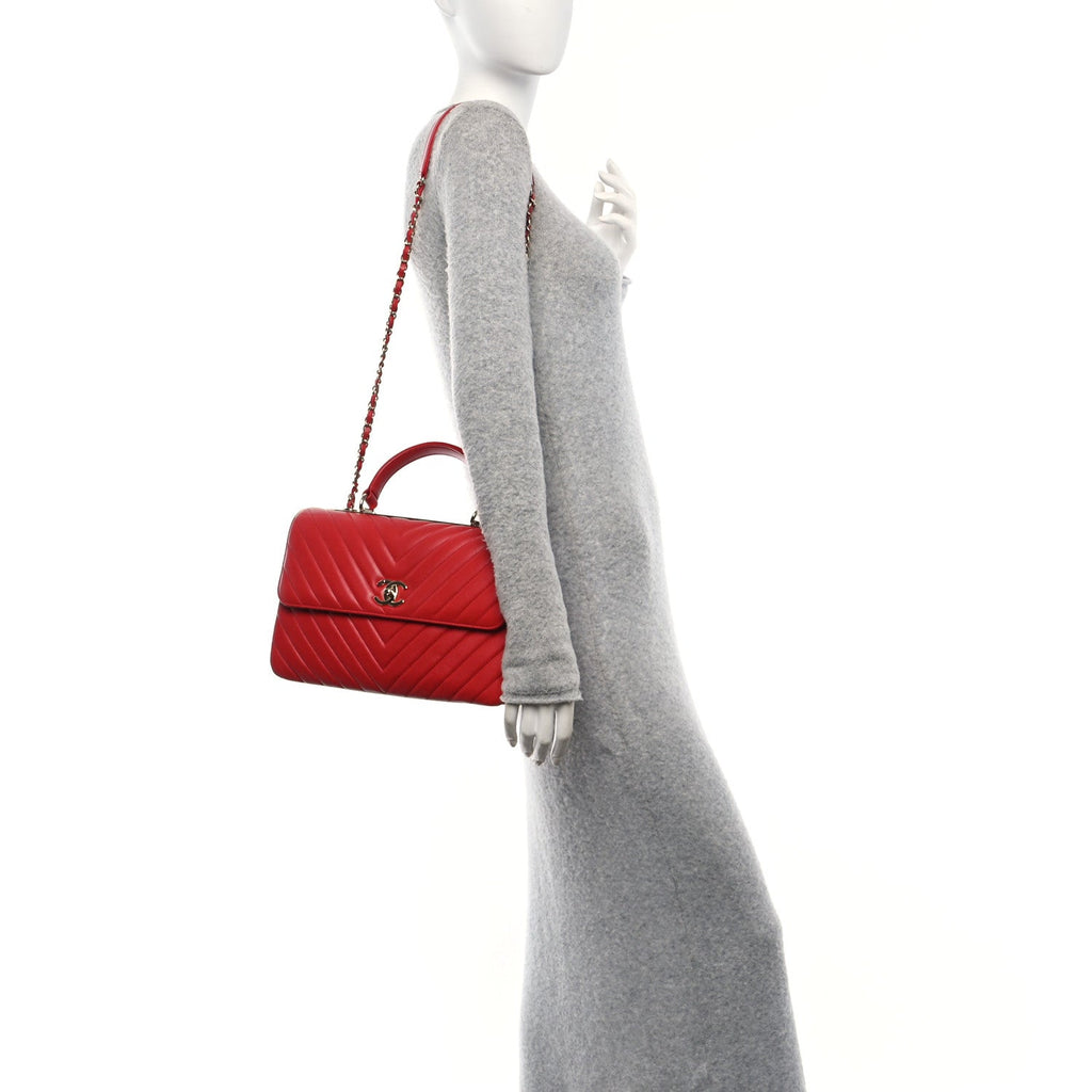 Lambskin Chevron Quilted Medium Trendy CC Dual Handle Flap Bag Red