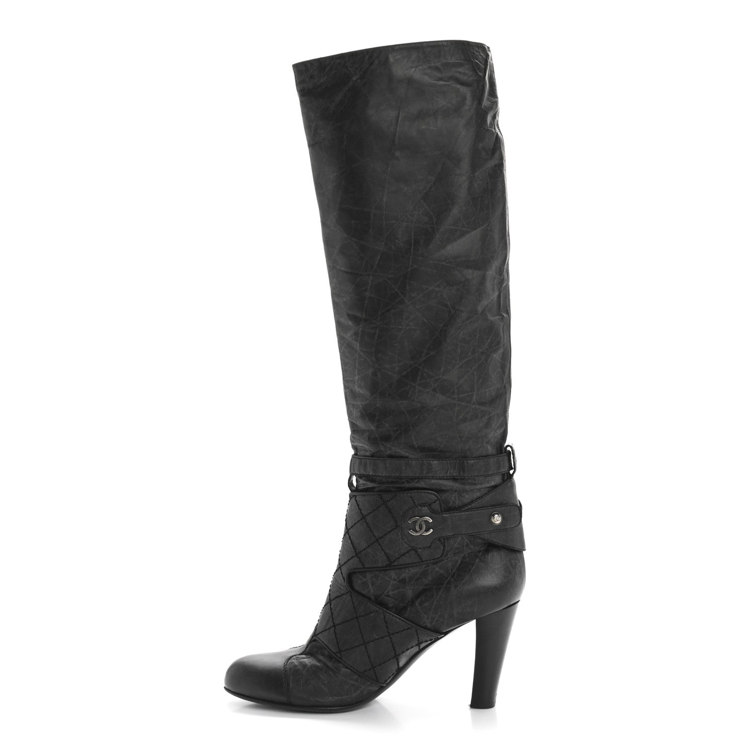 Aged Calfskin Quilted Knee High CC Boots 38.5 Black
