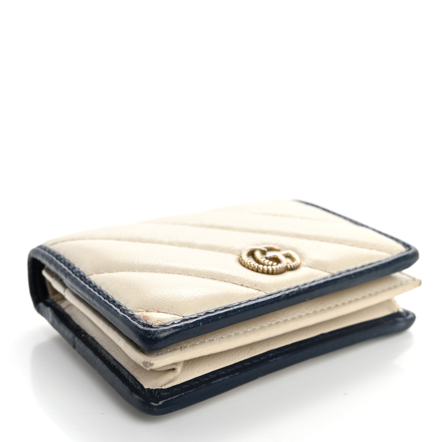 Vintage Effect Calfskin Matelasse Diagonal Torchon GG Marmont  Case Wallet Mystic White Blue Agata
