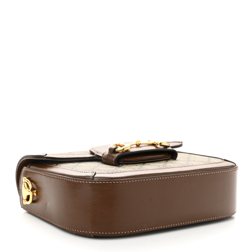 GG Supreme Monogram Azalea Calfskin Web Mini Horsebit 1955 Shoulder Bag Beige Ebony Brown Sugar