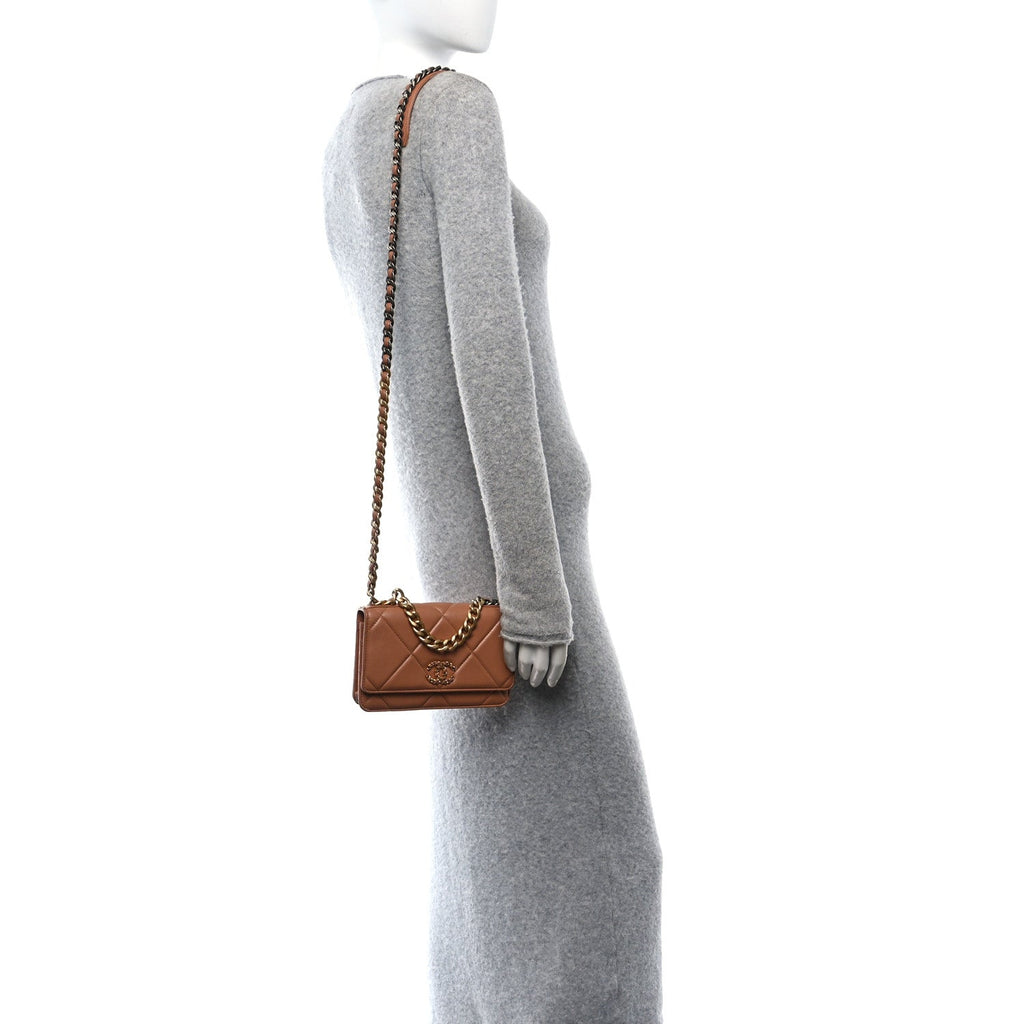 Lambskin Quilted Chanel 19 Wallet On Chain WOC Brown