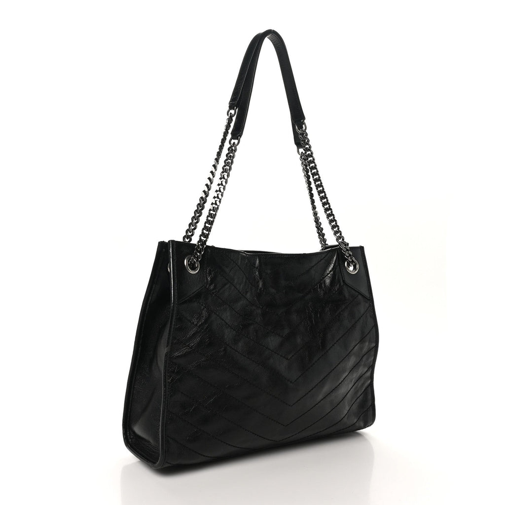 Crinkled Calfskin Matelasse Monogram Medium Niki Shopper Tote Black