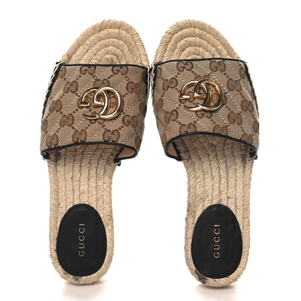 Monogram Matelasse GG Marmont Espadrille 20mm Slide Sandals 37.5 Beige Ebony Black