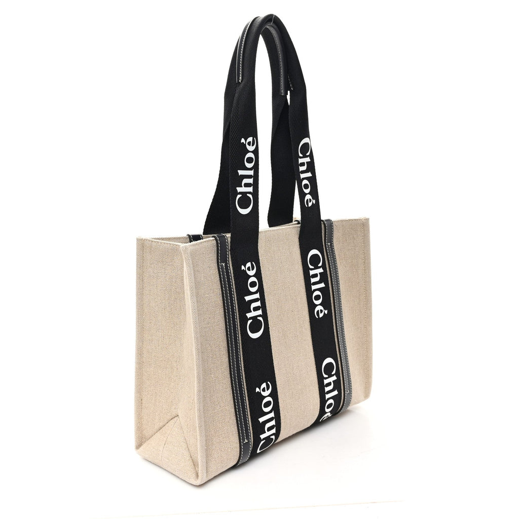 Linen Calfskin Medium Woody Ribbon Tote Black Blue