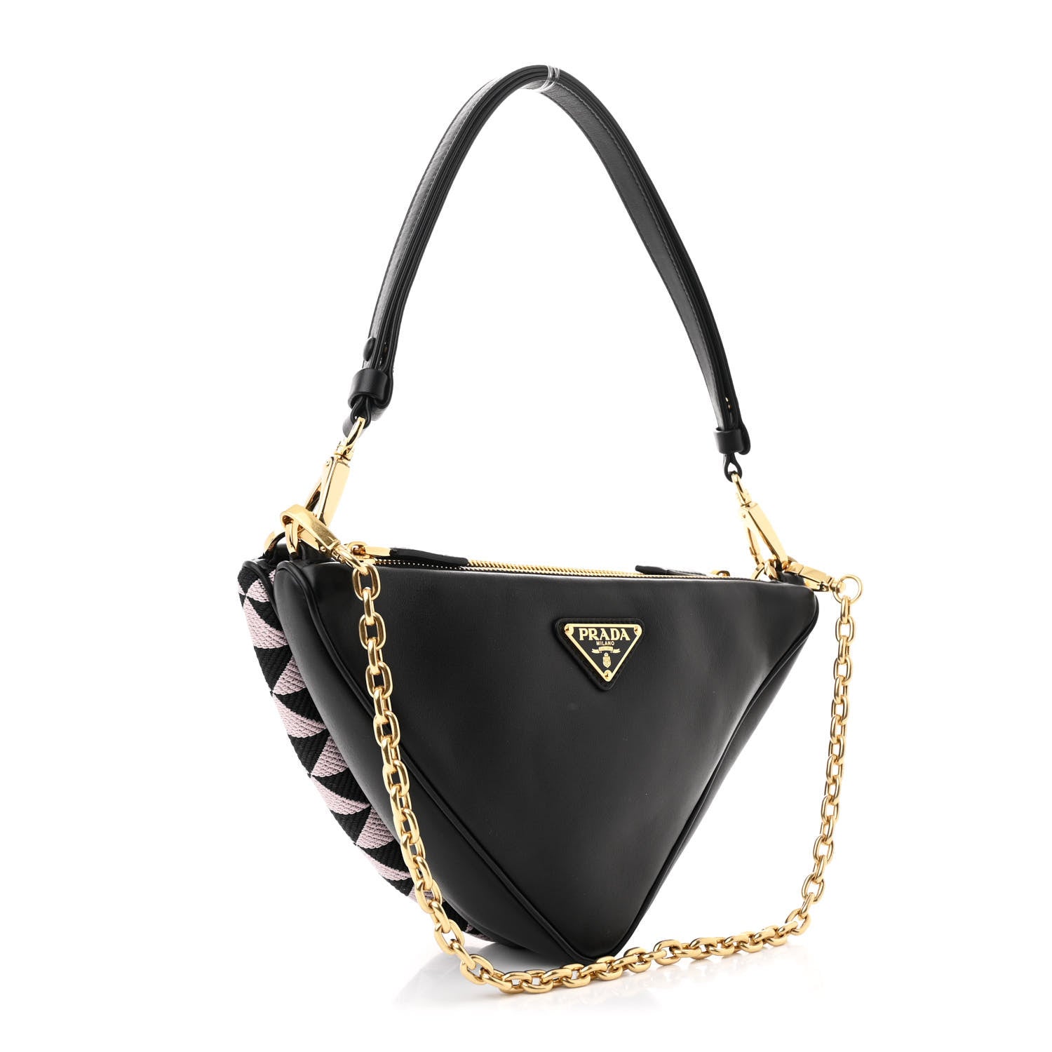 Jacquard Calfskin Triangolo Symbole Embroidered Mini Triangle Double Bag Black Alabastro