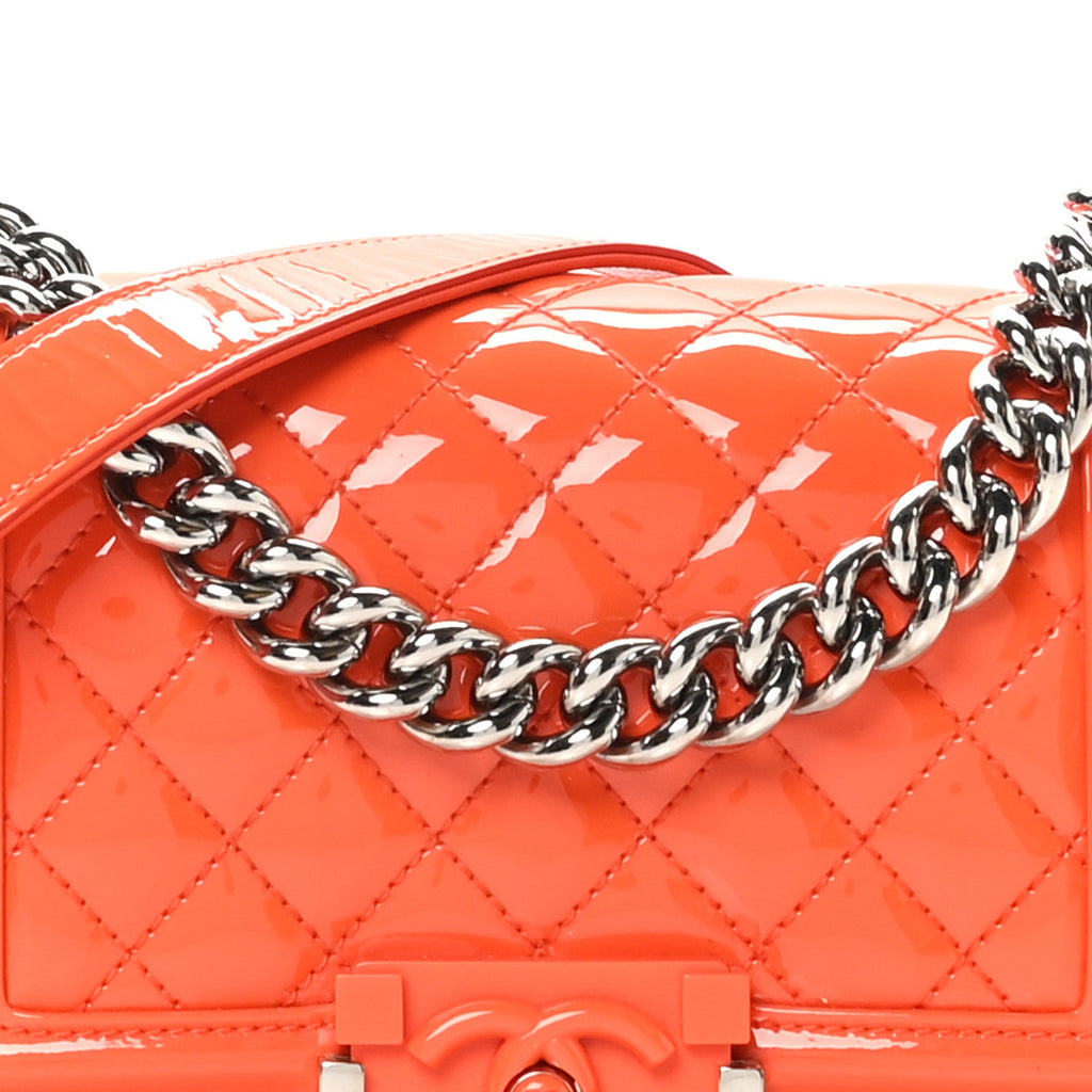 Patent Calfskin Quilted Small Plexiglass Boy Flap Orange