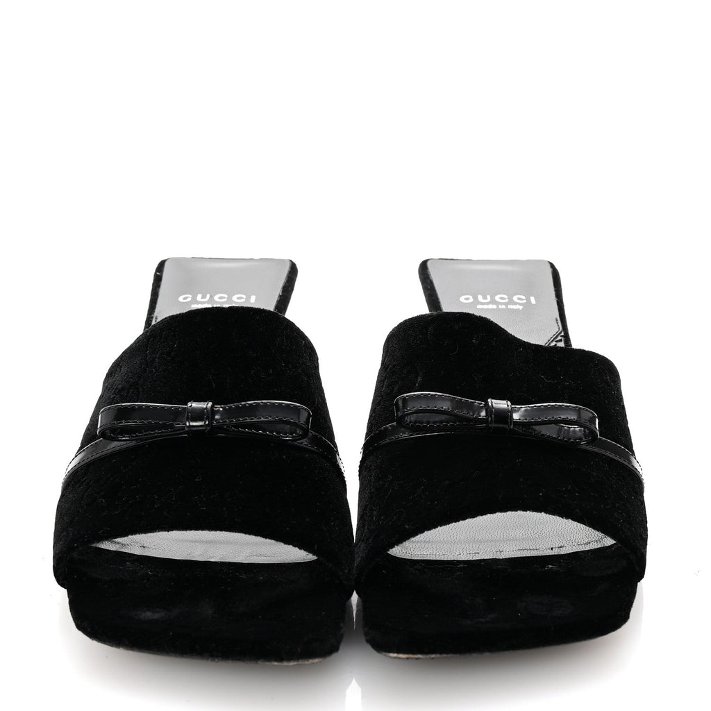 New Velvet Ashmir Regent Calfskin GG Monogram Square Toe Bow 45mm Slide Sandals 39.5 Black
