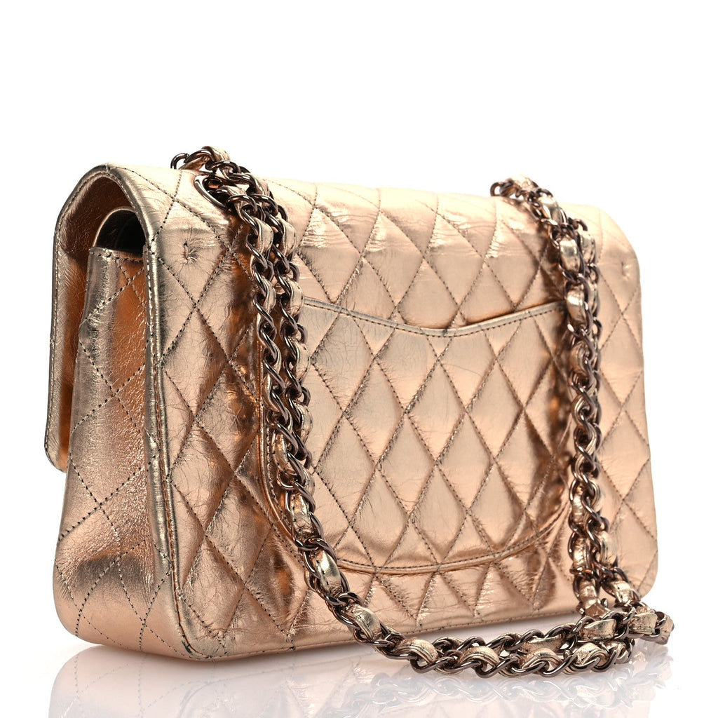 Metallic Aged Calfskin Quilted Medium Double Flap Gold