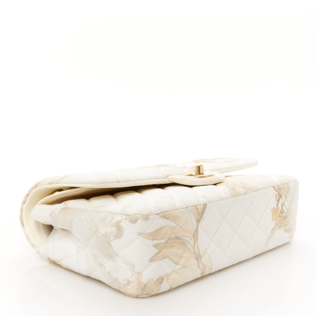 Denim Floral Printed Medium Double Flap Beige
