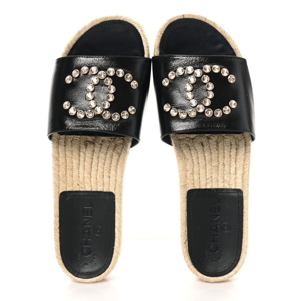 Patent Calfskin Crystal CC Espadrille Slip On Sandals 40 Black